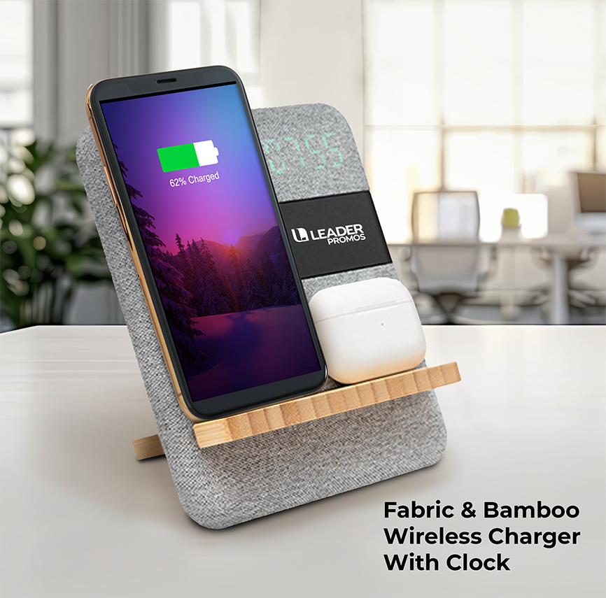 Image of charging pad made of farbic and bamboo wireless charger with clock