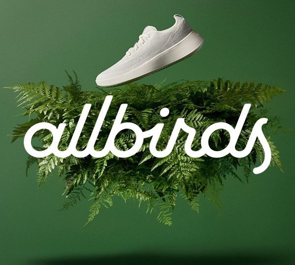All birds logo on greenery, against a green background with a floating white allbirds tennis shoe