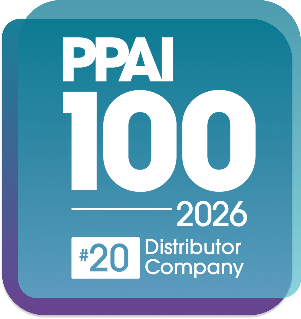 PPAI 100 2026 Distributor Company badge on a teal gradient background with rounded corners (rank #20).