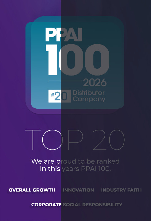 Graphic announcing PPAI 100 2026 Top 20 badge over a purple gradient background, with the message: 'We are proud to be ranked in this year's PPAI 100.'